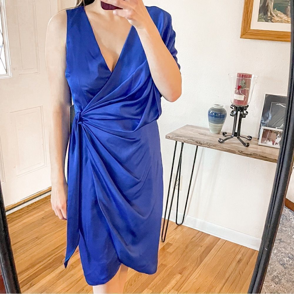 Theia Candace Satin Wrap Cocktail Dress in Azure